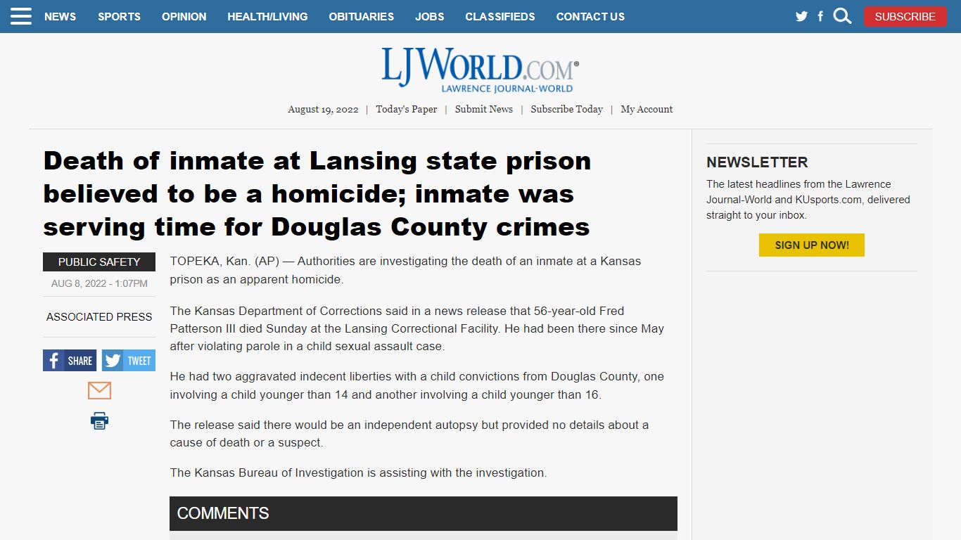 Death of inmate at Lansing state prison believed to be a homicide ...